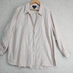 Jones New York Blouse Womens 2X Striped Linen Blend Tunic Button Up Beige Gold